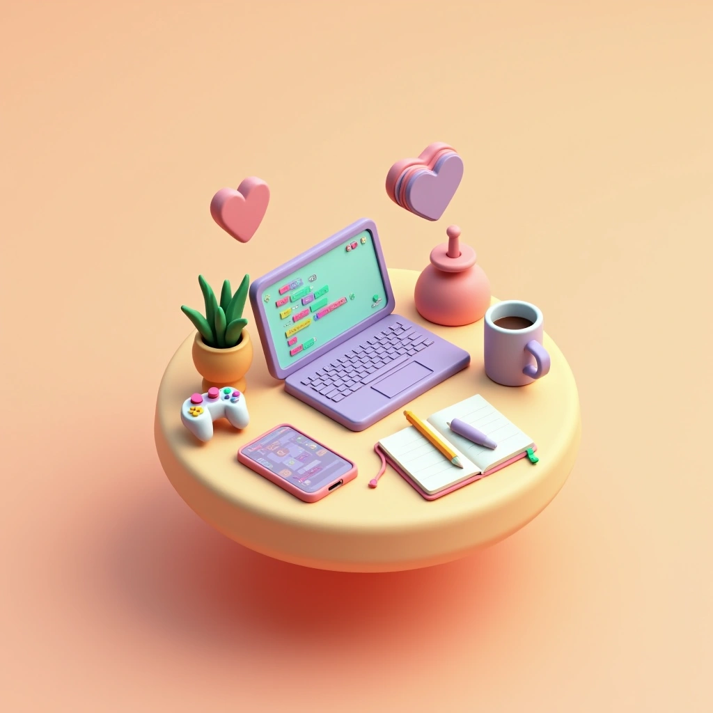 A tiny floating desk with a laptop, a phone, a game controller and a sketchbook