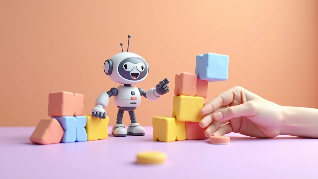 A small clay robot and a human hand building something out of colourful blocks